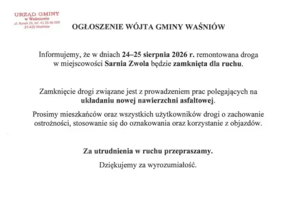 Utrudnienia w Sarniej Zwoli: remont drogi zamknie przejazd 24-25 sierpnia