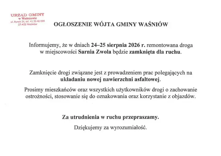 Utrudnienia w Sarniej Zwoli: remont drogi zamknie przejazd 24-25 sierpnia