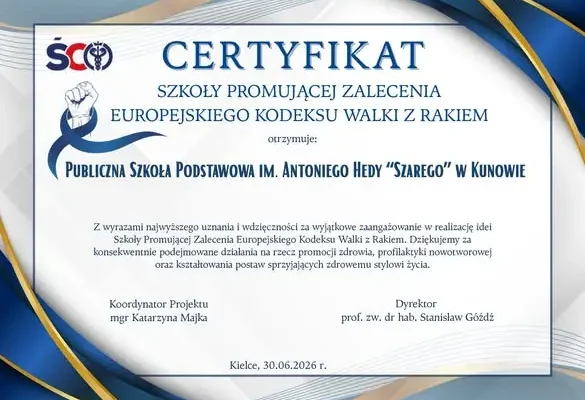 Szkoła w Kunowie z certyfikatem promującym walkę z rakiem