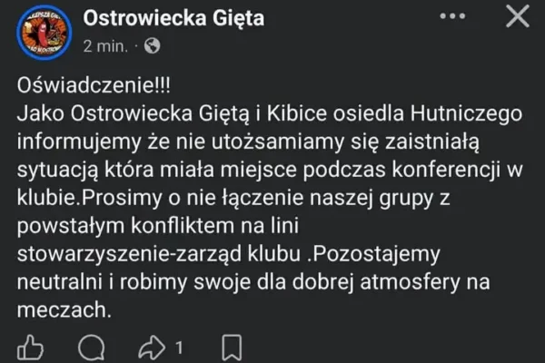 Stowarzyszenie Kibiców KSZO Ostrowiec Świętokrzyski zabiera głos w sprawie sytuacji klubu