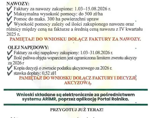 Dopłaty do nawozów i oleju napędowego – wnioski w ARiMR dla rolników z gminy Waśniów