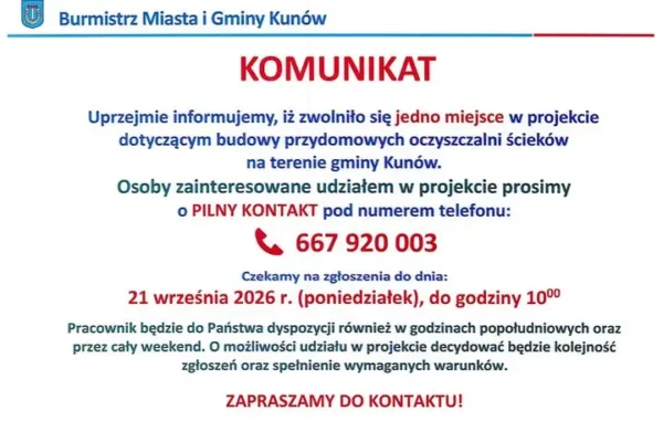 Gmina Kunów: ostatnie wolne miejsce w projekcie przydomowych oczyszczalni ścieków