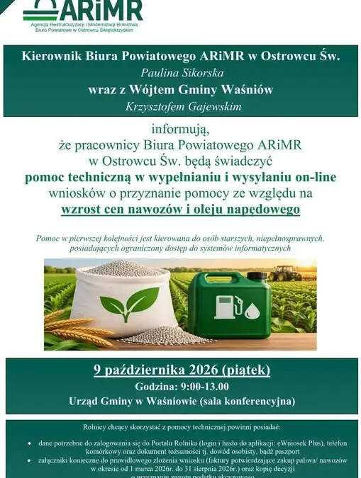 ARiMR pomoże rolnikom z gminy Waśniów w złożeniu wniosków o dopłaty